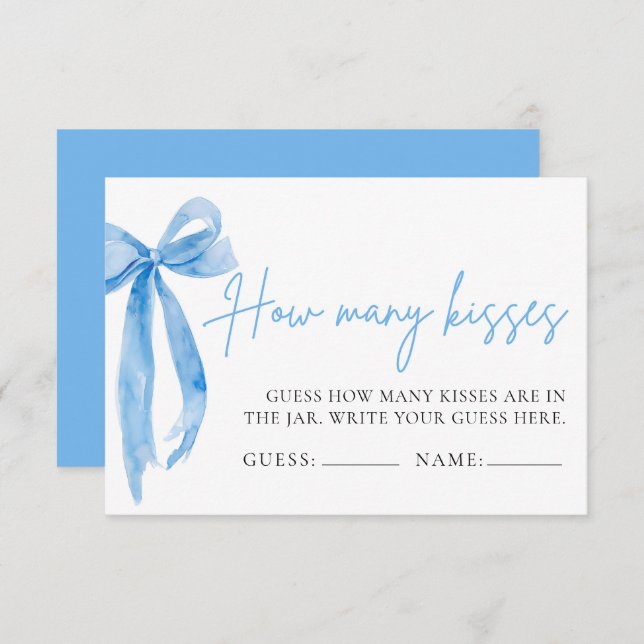 Elegant Dusty Blue Bow Guess How Many Kisses Game Invitation (Front/Back)