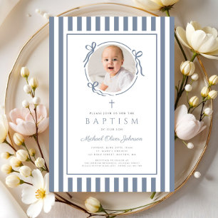 Elegant Dusty Blue Bow Photo Boy Baptism Invitation