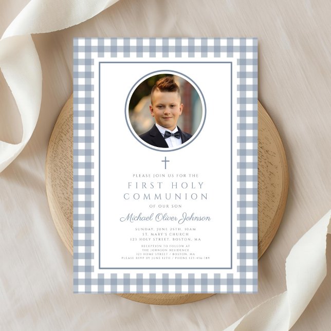 Elegant Dusty Blue Bow Photo Boy First Communion Invitation (Elegant Dusty Blue Bow Photo Boy First Communion Invitation)