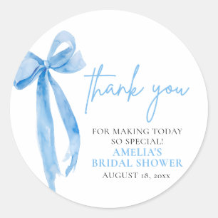 Elegant Dusty Blue Bow Thank you Bridal Shower Classic Round Sticker