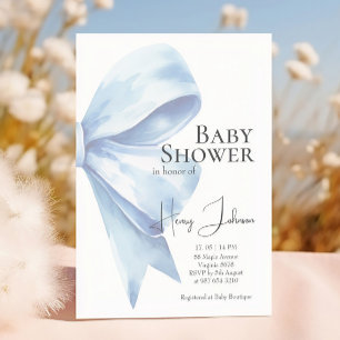 Elegant Dusty Blue Bow Watercolor Baby Shower Boy Invitation