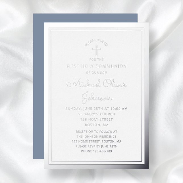 Elegant Dusty Blue Boy First Communion Silver (Elegant Script First Communion Silver Foil Invitation)