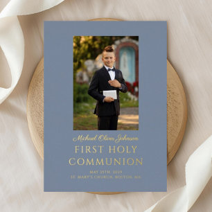 Elegant Dusty Blue Boy Photo First Communion Gold