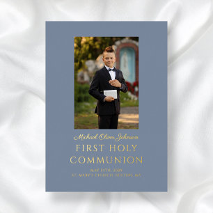 Elegant Dusty Blue Boy Photo First Communion Gold