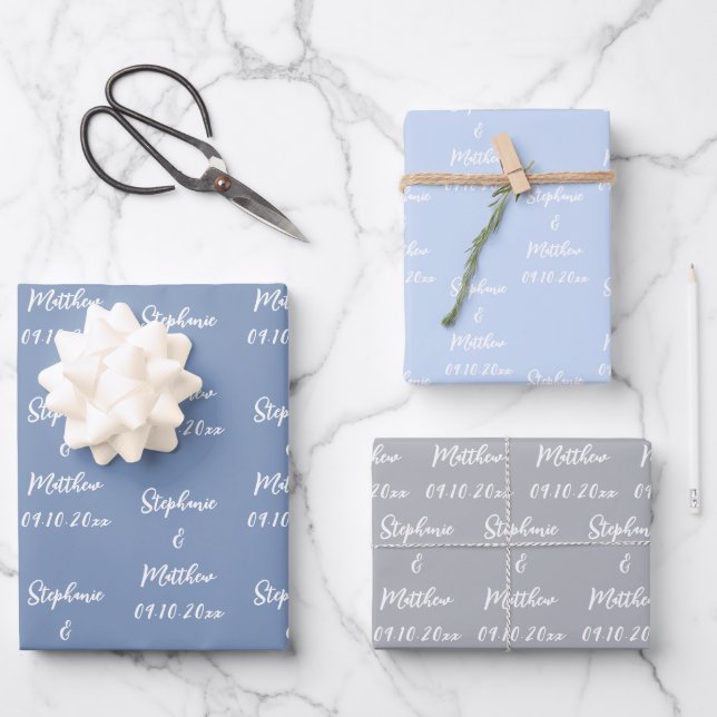 Elegant Dusty Blue Bride Groom Names Weddings Wrapping Paper Sheet (Front)
