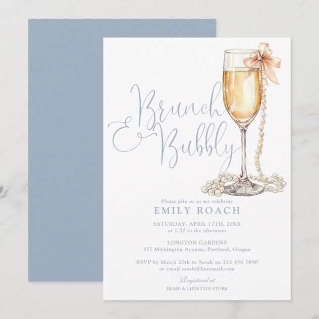 Elegant Dusty Blue Brunch And Bubbly Bridal Shower Invitation (Front/Back)