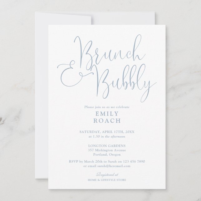 Elegant Dusty Blue Brunch And Bubbly Bridal Shower Invitation (Front)