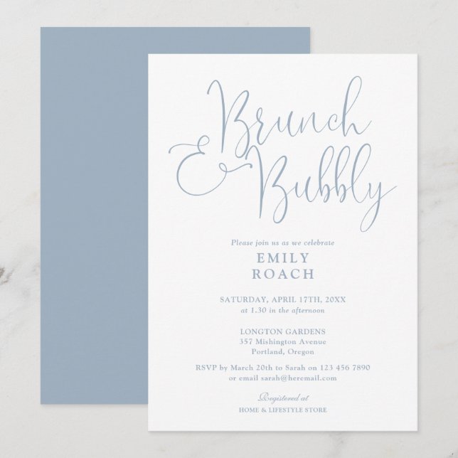 Elegant Dusty Blue Brunch And Bubbly Bridal Shower Invitation (Front/Back)