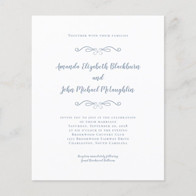 Elegant Dusty Blue Budget Chic Wedding Invitation (Front)