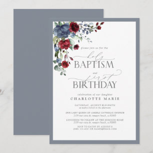 Elegant Dusty Blue Burgundy Baptism 1st Birthday Invitation