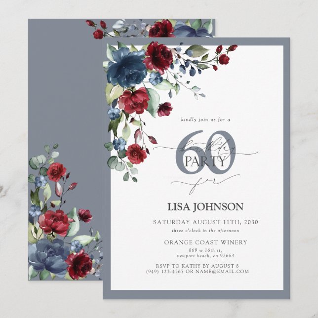 Elegant Dusty Blue & Burgundy Floral 60th Birthday Invitation (Front/Back)