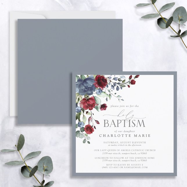 Elegant Dusty Blue Burgundy Floral Baby Baptism Invitation (Creator Uploaded)