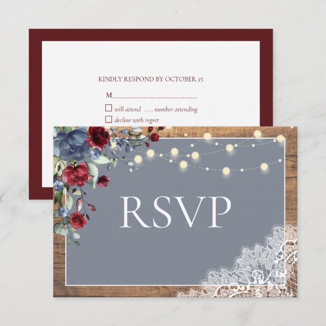 Elegant Dusty Blue Burgundy Floral Lace Wood RSVP (Front/Back)