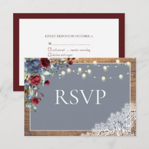 Elegant Dusty Blue Burgundy Floral Lace Wood RSVP Card