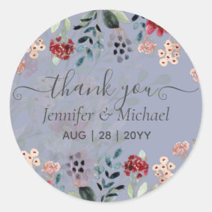 Elegant Dusty Blue Burgundy Floral Wedding Classic Round Sticker