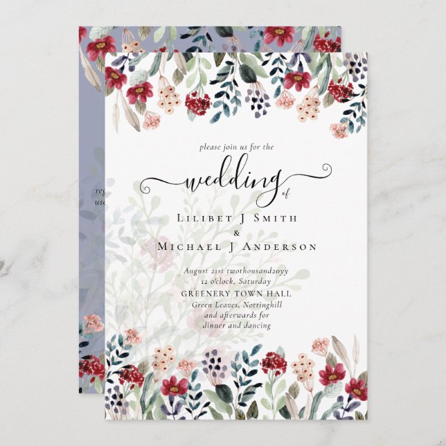 Elegant Dusty Blue Burgundy Floral Wedding Invitation (Front/Back)