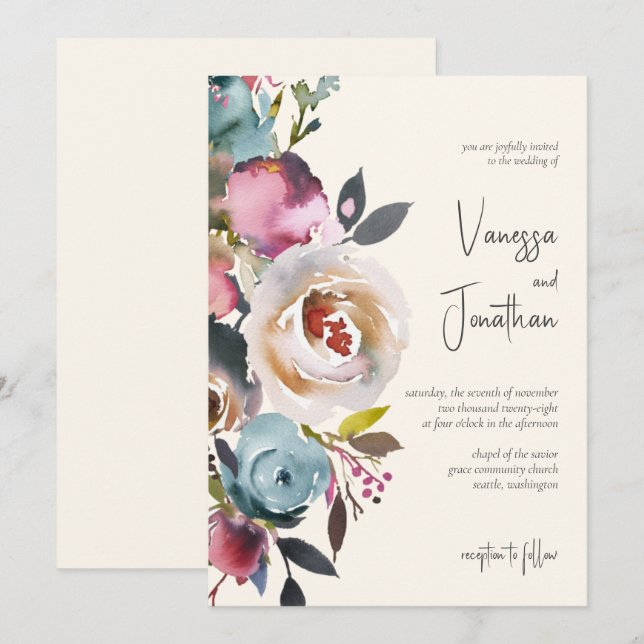 Elegant Dusty Blue Burgundy Ivory Floral Invitation (Front/Back)