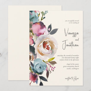 Elegant Dusty Blue Burgundy Ivory Floral Invitation
