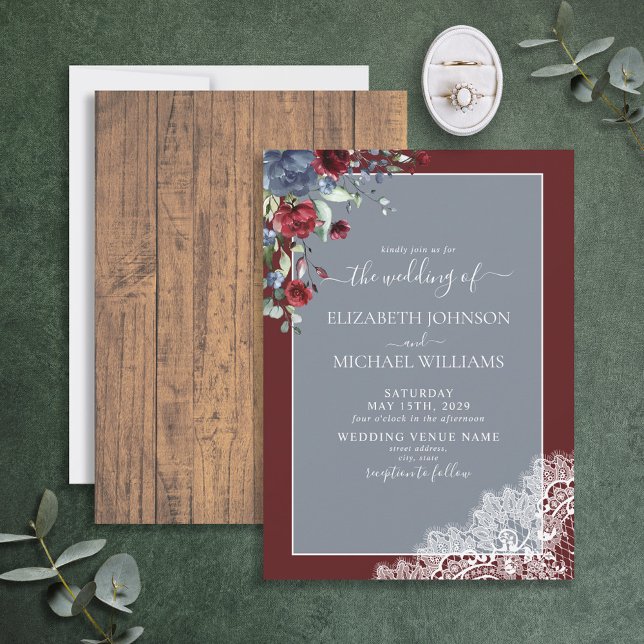 Elegant Dusty Blue Burgundy Wood Script Wedding Invitation (Creator Uploaded)