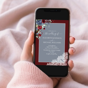 Elegant Dusty Blue Burgundy Wood Script Wedding Invitation