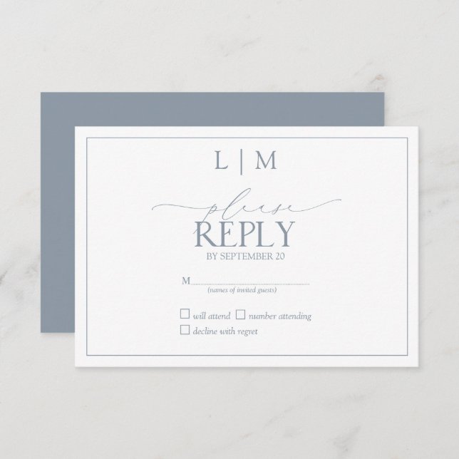 Elegant Dusty Blue Calligraphy Monogram RSVP (Front/Back)