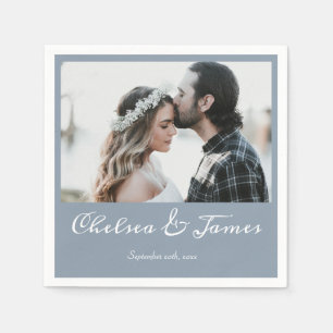 Elegant Dusty Blue Calligraphy Photo Wedding  Napkin