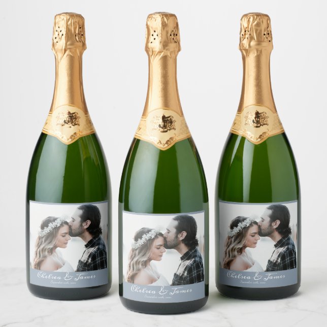 Elegant Dusty Blue Calligraphy Photo Wedding Party Sparkling Wine Label (Bottles)