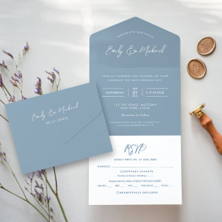 Elegant Dusty Blue Calligraphy Script Simple All In One Invitation