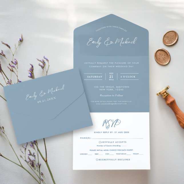 Elegant Dusty Blue Calligraphy Script Simple All In One Invitation (Creator Uploaded)