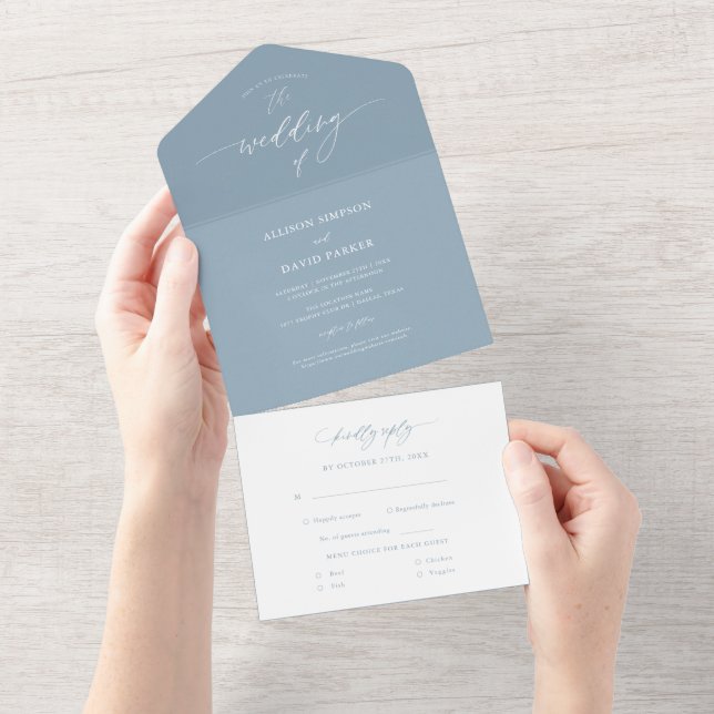 Elegant Dusty Blue Calligraphy Wedding All In One Invitation (Tearaway)