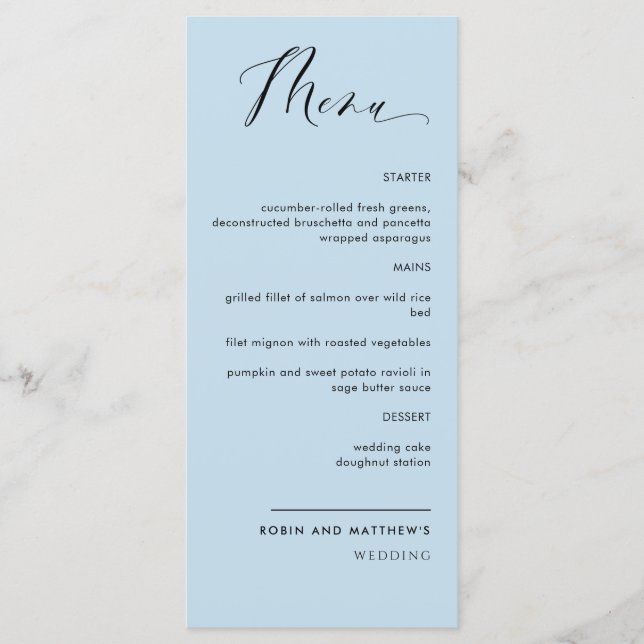 Elegant Dusty Blue Calligraphy Wedding / Reception Menu (Front)