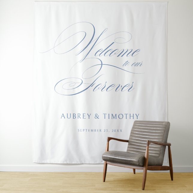 Elegant Dusty Blue Calligraphy Wedding Welcome Tapestry (In Situ)