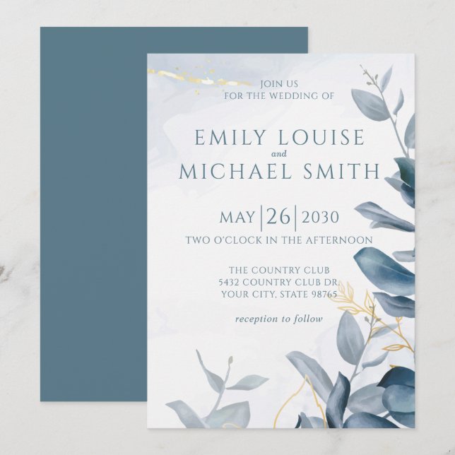 Elegant Dusty Blue Cerulean Gold Foliage Wedding Invitation (Front/Back)