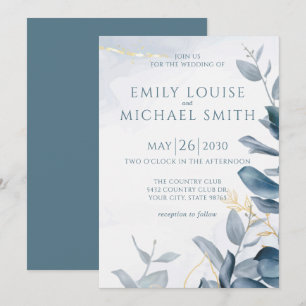Elegant Dusty Blue Cerulean Gold Foliage Wedding Invitation