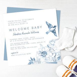 Elegant Dusty Blue Chinoiserie Baby Shower Invitation