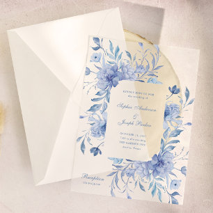Elegant Dusty Blue Chinoiserie Floral Wedding Vellum Invitations