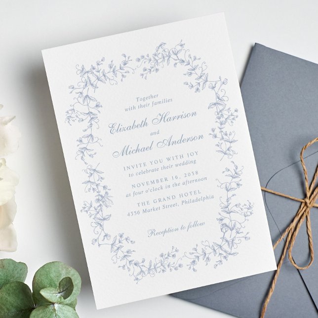 Elegant Dusty Blue Chinoiserie Watercolor Wedding Invitation (Creator Uploaded)