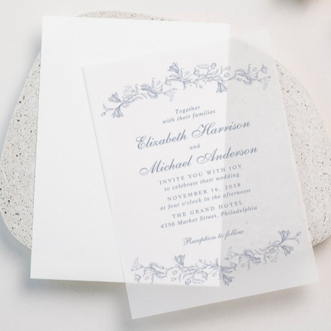 Elegant Dusty Blue Chinoiserie Watercolor Wedding Vellum Invitations (Elevate your wedding invitations with the timeless beauty of vellum overlays)