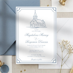 Elegant Dusty Blue Christian Chapel Church Wedding Invitation