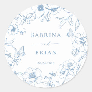Elegant Dusty Blue Classic Floral Wedding Classic Round Sticker