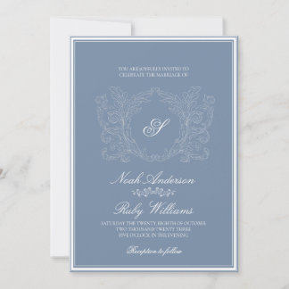 Elegant Dusty Blue Classic Script Monogram Wedding Invitation