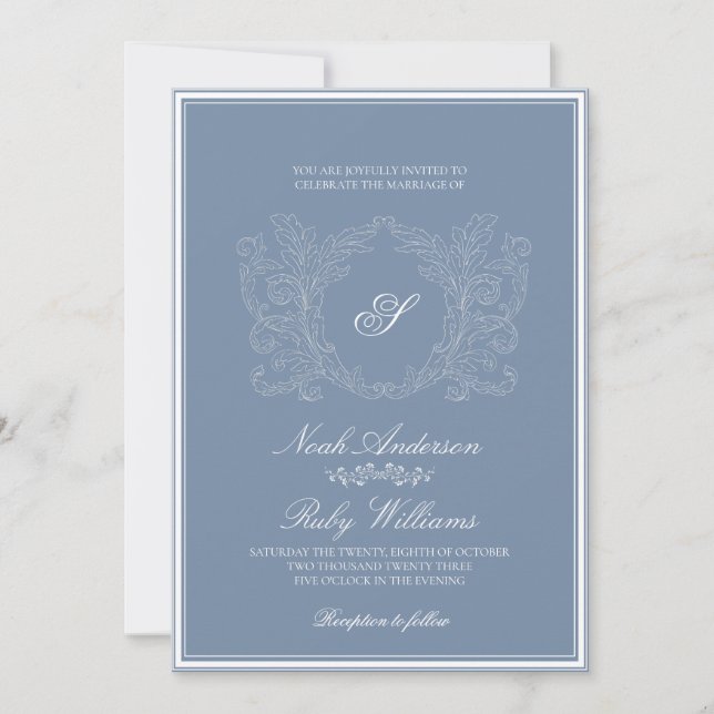 Elegant Dusty Blue Classic Script Monogram Wedding Invitation (Front)