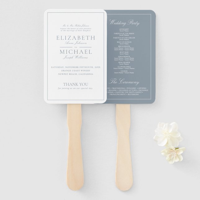 Elegant Dusty Blue Classic Script Wedding Program Hand Fan (Front and Back)