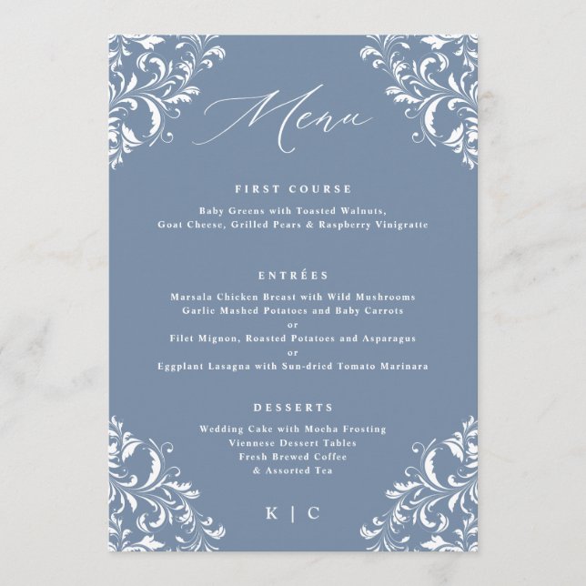 Elegant Dusty Blue Classic Wedding Menu (Front)