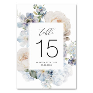 Elegant Dusty Blue Cream Roses Romantic Wedding Table Number