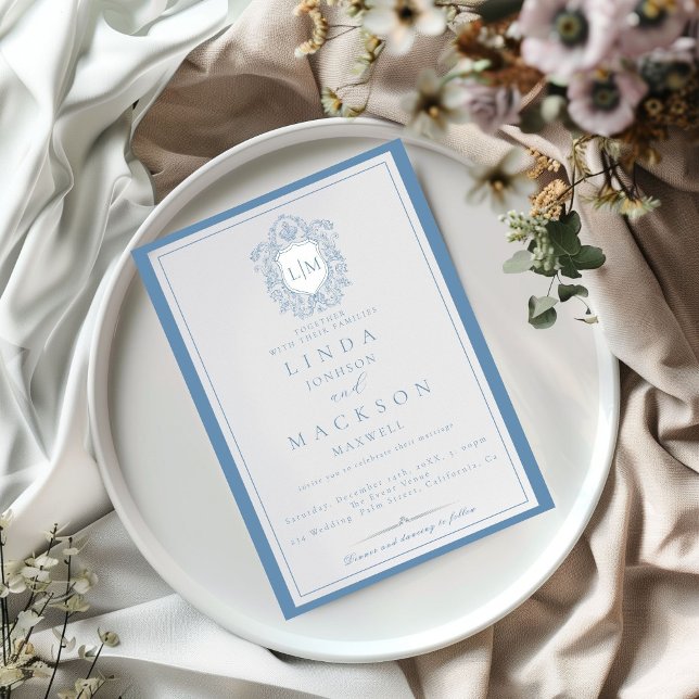 Elegant Dusty Blue Crest Monogram Wedding  Invitat Invitation (Creator Uploaded)