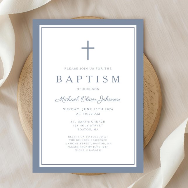 Elegant Dusty Blue Cross Baby Boy Baptism Invitation (Elegant Dusty Blue Cross Baby Boy Baptism Invitation)