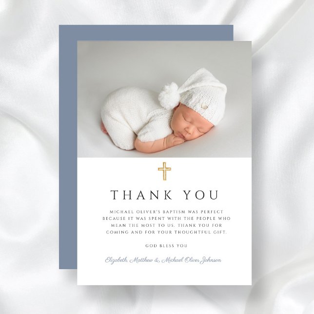 Elegant Dusty Blue Cross Boy Baptism Photo Thank You Card (Elegant Dusty Blue Cross Boy Baptism Photo Thank You Card)