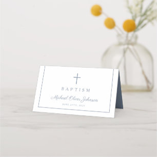 Elegant Dusty Blue Cross Boy Baptism Place Card