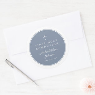 Elegant Dusty Blue Cross Boy First Communion  Classic Round Sticker